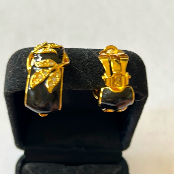 Joan Rivers Crystal Black Enamel with Gold Color Accent Earrings - Picture 2 of 5